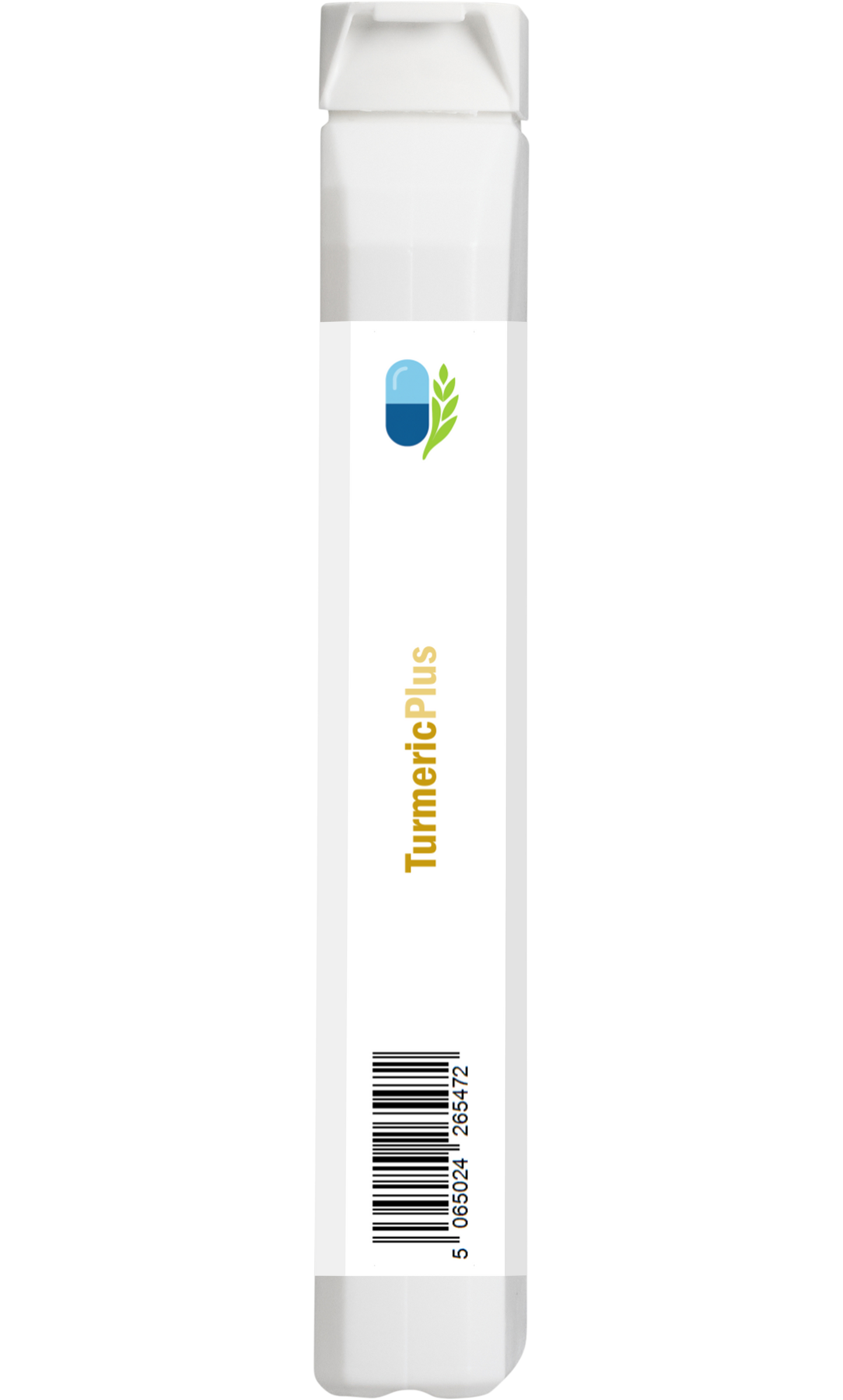 Side view of AnMar™ TurmericPlus supplement bottle showing white label with vertical barcode and tamper-evident cap.