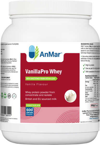 Front label of AnMar™ VanillaPro Whey 600g tub with vanilla flavour, highlighting high protein content, vegetarian-friendly formula, and stevia sweetener.