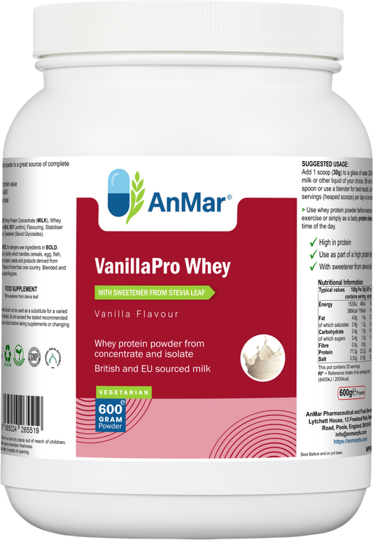 Front label of AnMar™ VanillaPro Whey 600g tub with vanilla flavour, highlighting high protein content, vegetarian-friendly formula, and stevia sweetener.