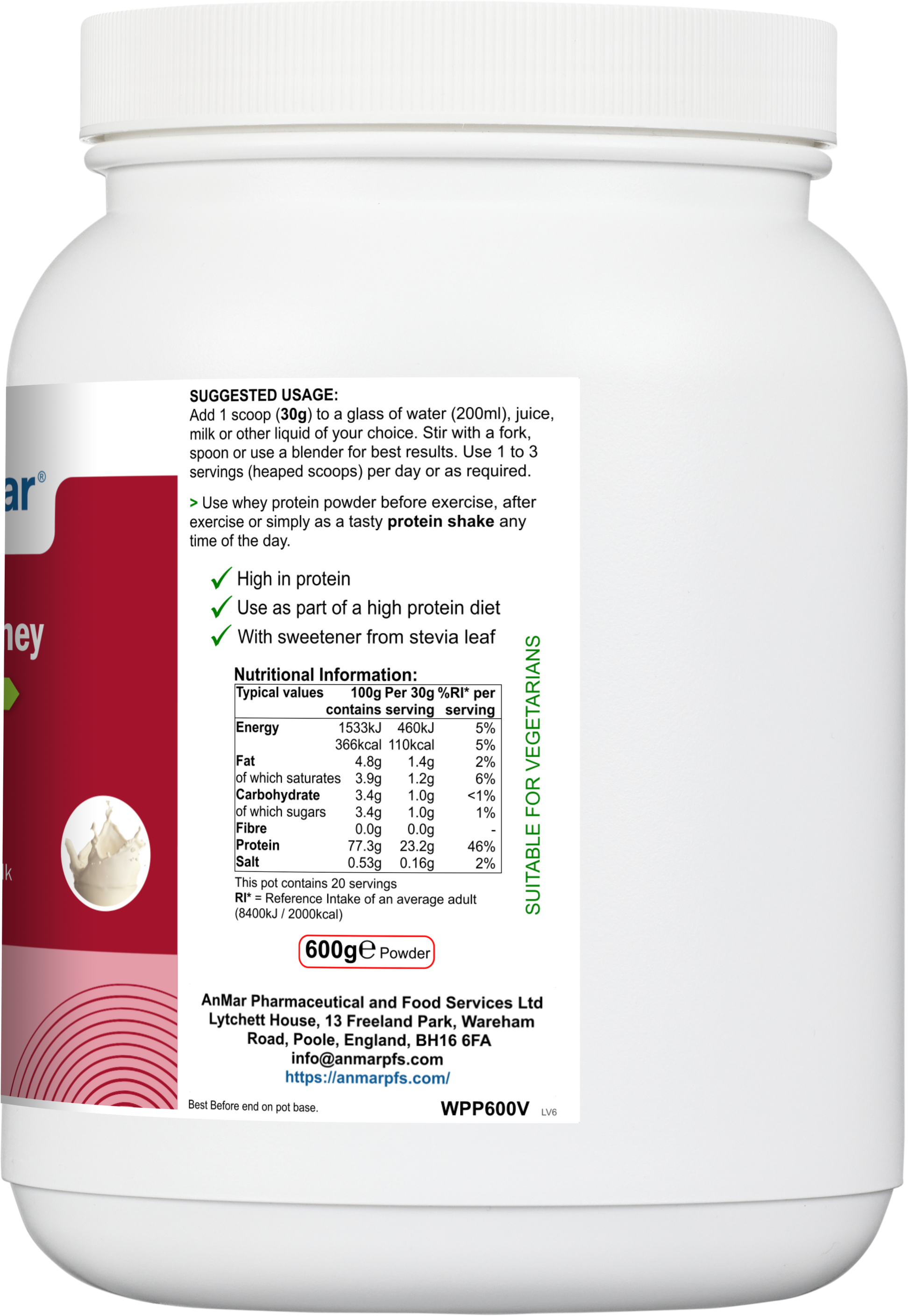 Side label of AnMar™ VanillaPro Whey 600g showing nutritional information, suggested use instructions, and suitability for vegetarians.