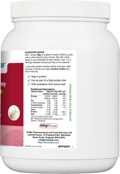 Side label of AnMar™ VanillaPro Whey 600g showing nutritional information, suggested use instructions, and suitability for vegetarians.