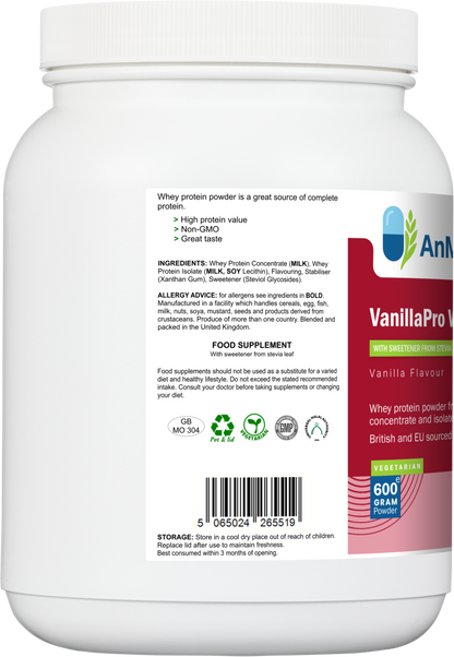 Side view of AnMar™ VanillaPro Whey 600g tub showing ingredients list, nutritional claims, allergen warnings, and recycling symbols.