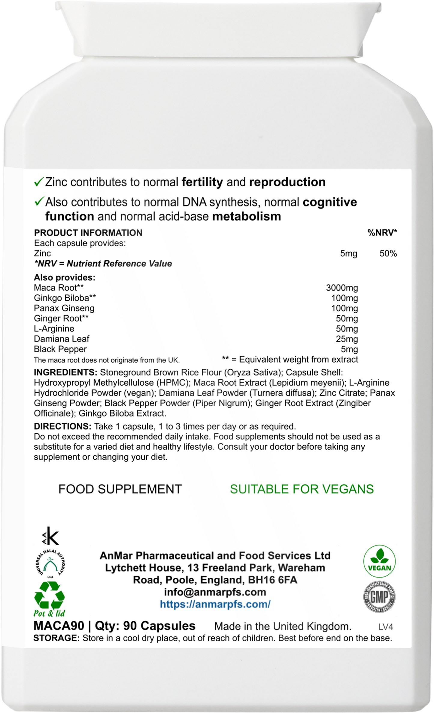 Back label of AnMar™ Vital Maca+ showing ingredients including maca root, ginkgo, ginseng, L-arginine, and zinc, suitable for vegans, 90 capsules.