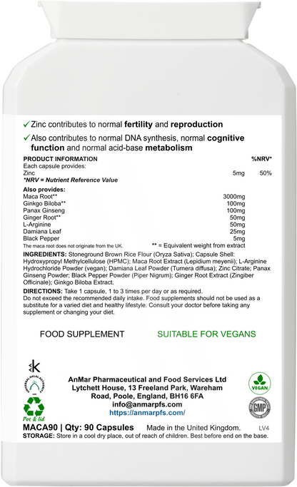 Back label of AnMar™ Vital Maca+ showing ingredients including maca root, ginkgo, ginseng, L-arginine, and zinc, suitable for vegans, 90 capsules.