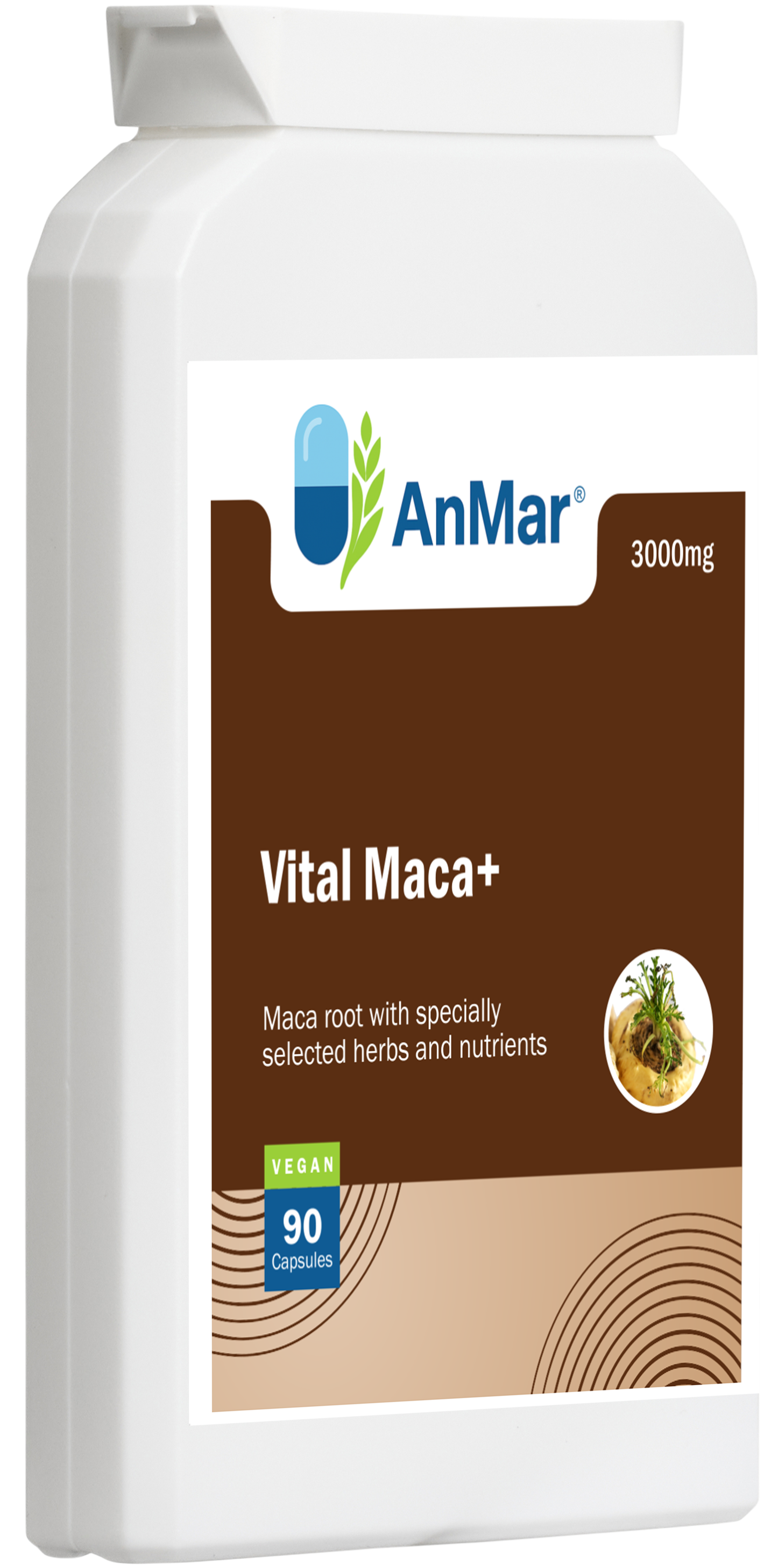 Angled front-left view of AnMar™ Vital Maca+ supplement showing 3000mg maca root formula with herbs and nutrients, 90 vegan capsules.