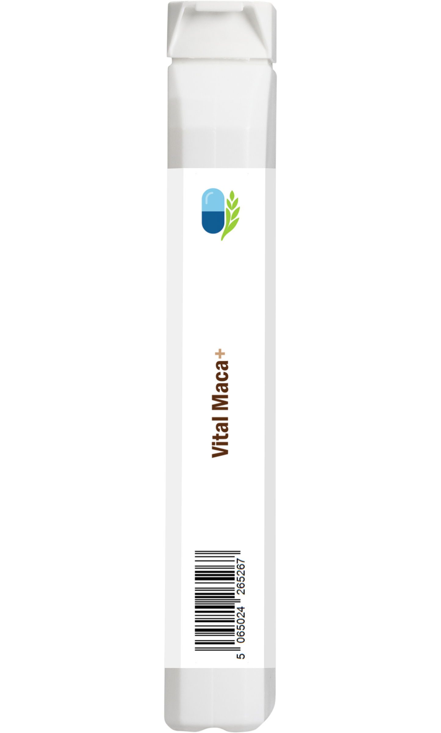 Side view of AnMar™ Vital Maca+ supplement bottle showing barcode and slim packaging profile.