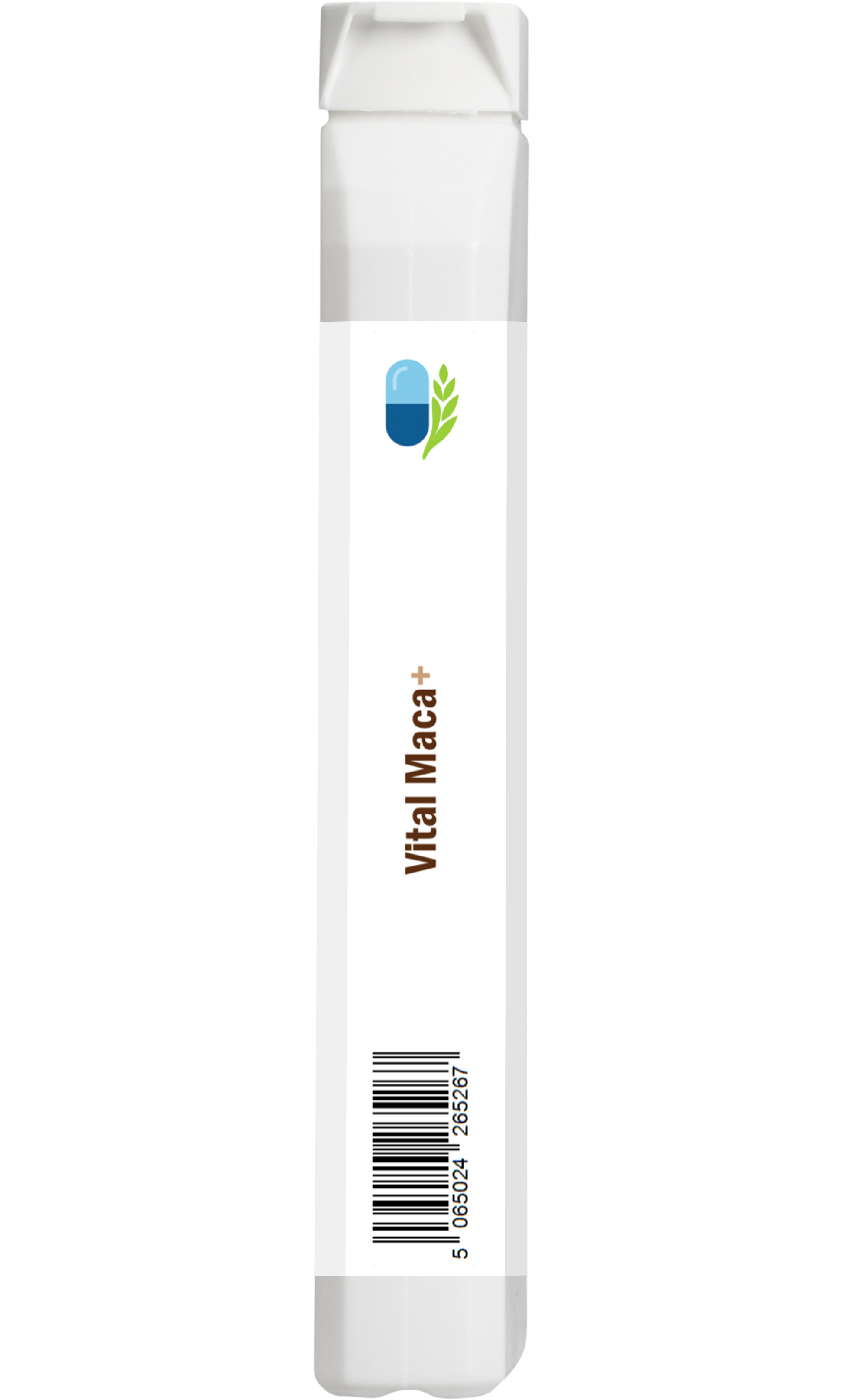 Side view of AnMar™ Vital Maca+ supplement bottle showing barcode and slim packaging profile.