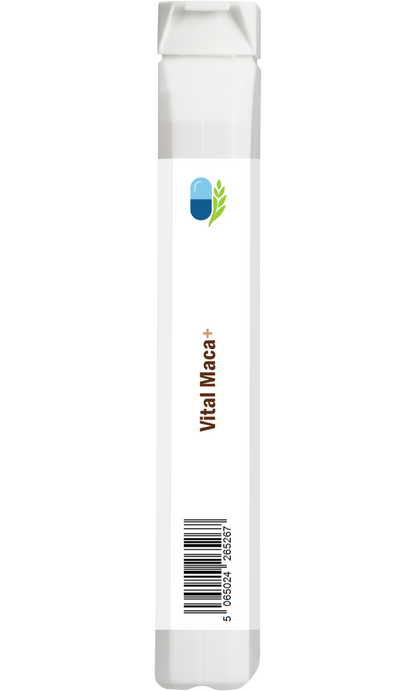 Side view of AnMar™ Vital Maca+ supplement bottle showing barcode and slim packaging profile.