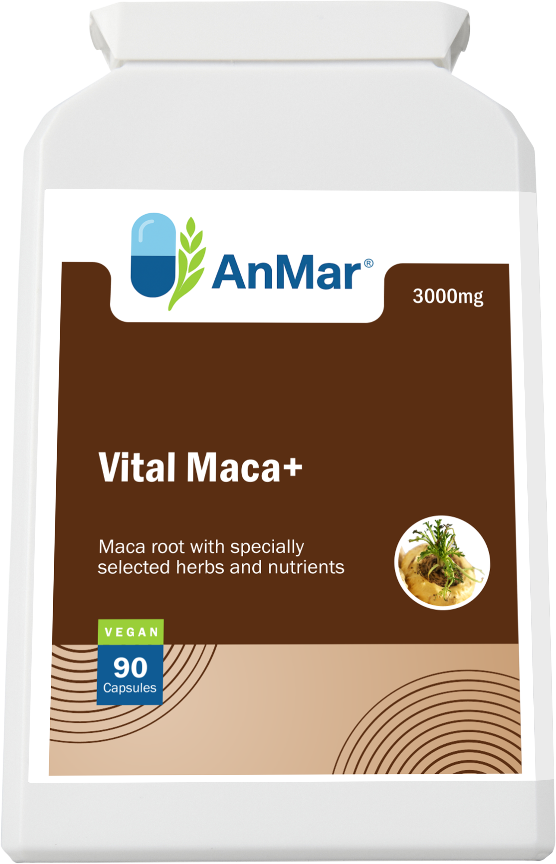 Flat front view of AnMar™ Vital Maca+ supplement showing 3000mg maca root with herbs and nutrients, vegan-certified, 90 capsules.