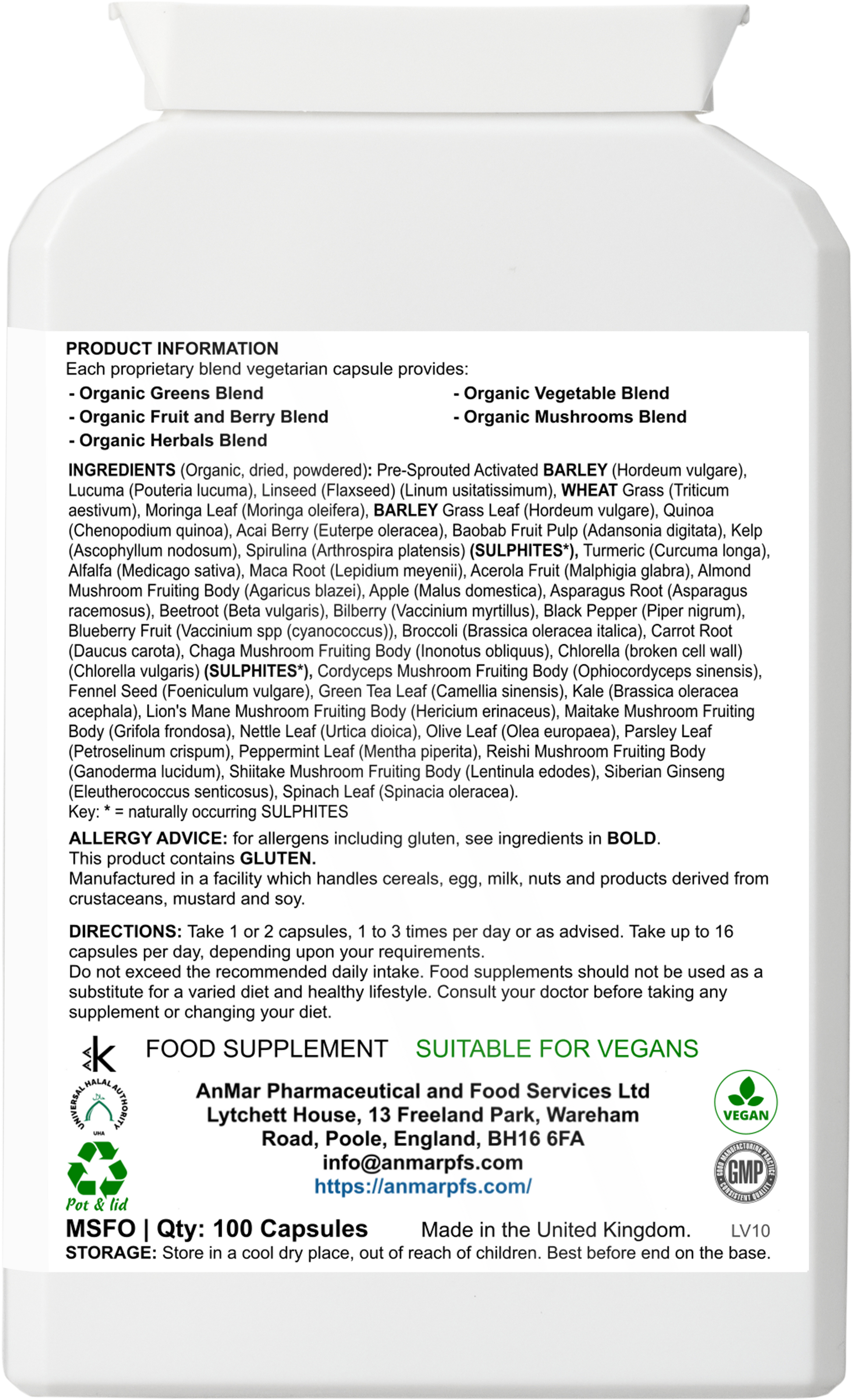Back label of AnMar™ Vital Nourish+ supplement showing detailed ingredient list including organic greens, vegetables, fruits, herbs, and instructions for use.