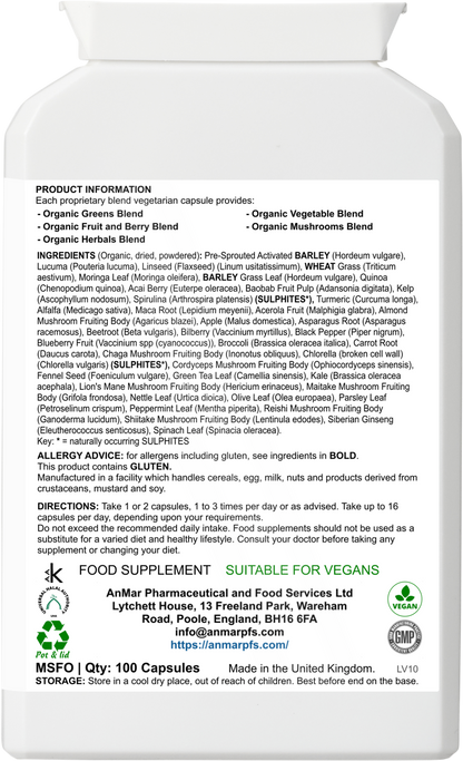 Back label of AnMar™ Vital Nourish+ supplement showing detailed ingredient list including organic greens, vegetables, fruits, herbs, and instructions for use.