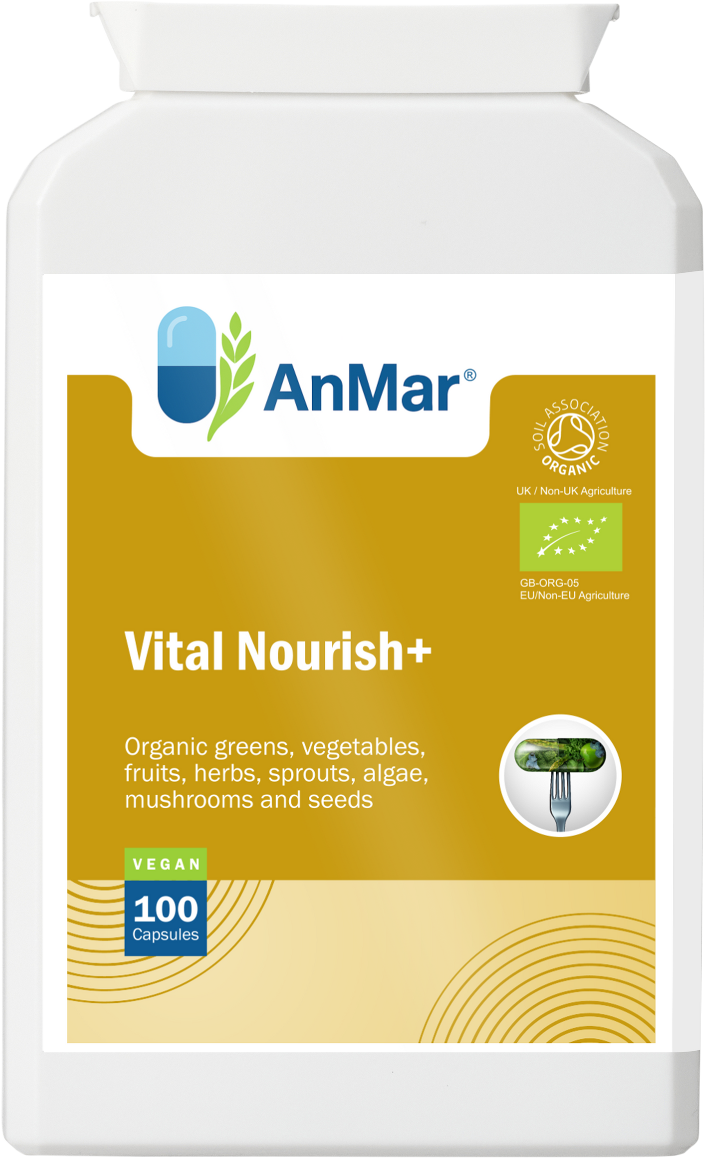 Front view of AnMar™ Vital Nourish+ bottle showing organic greens and superfood complex label with Soil Association and EU organic certifications.