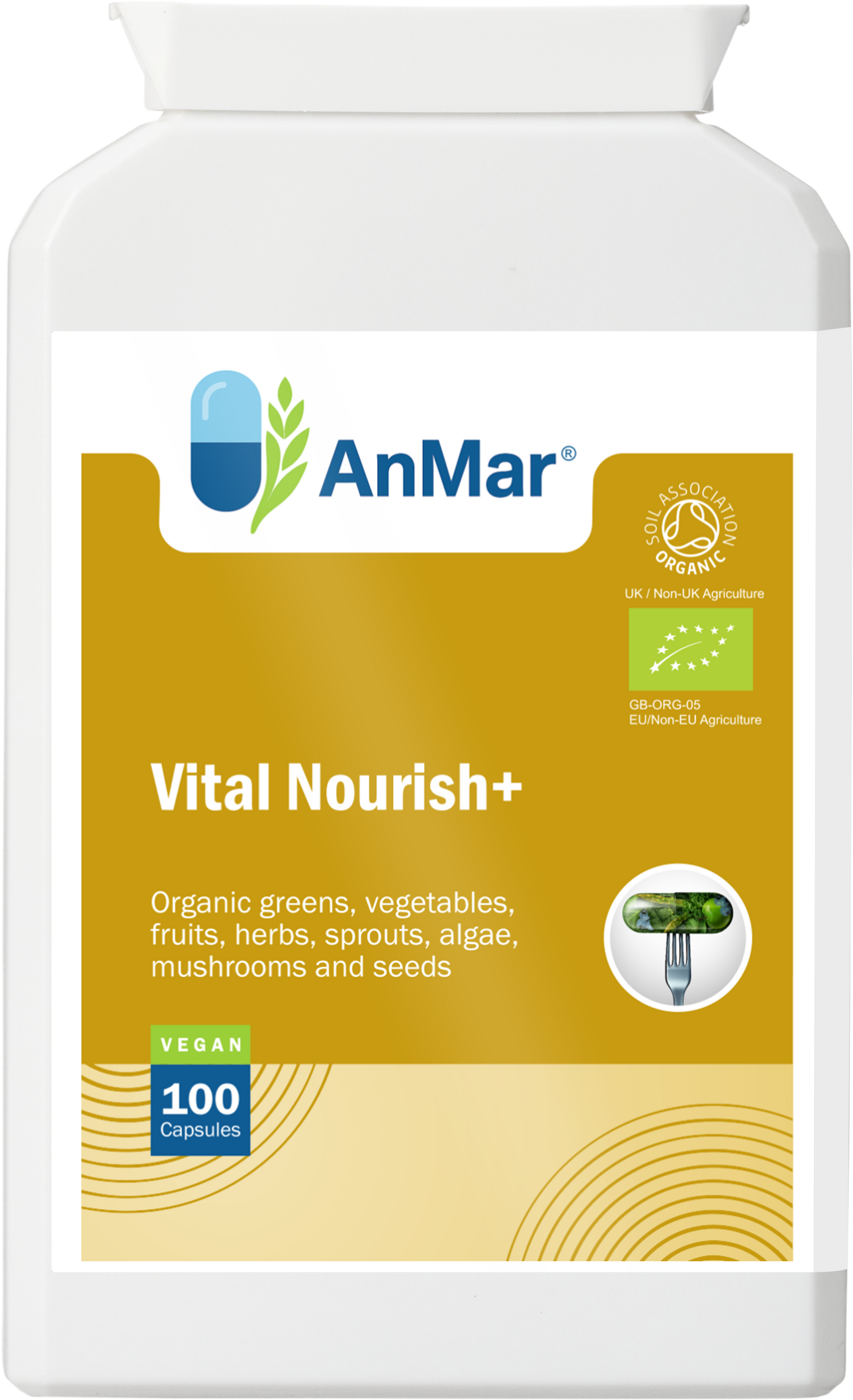 Front view of AnMar™ Vital Nourish+ bottle showing organic greens and superfood complex label with Soil Association and EU organic certifications.