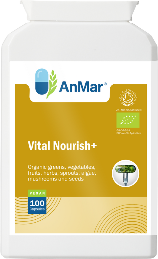 Front view of AnMar™ Vital Nourish+ bottle showing organic greens and superfood complex label with Soil Association and EU organic certifications.