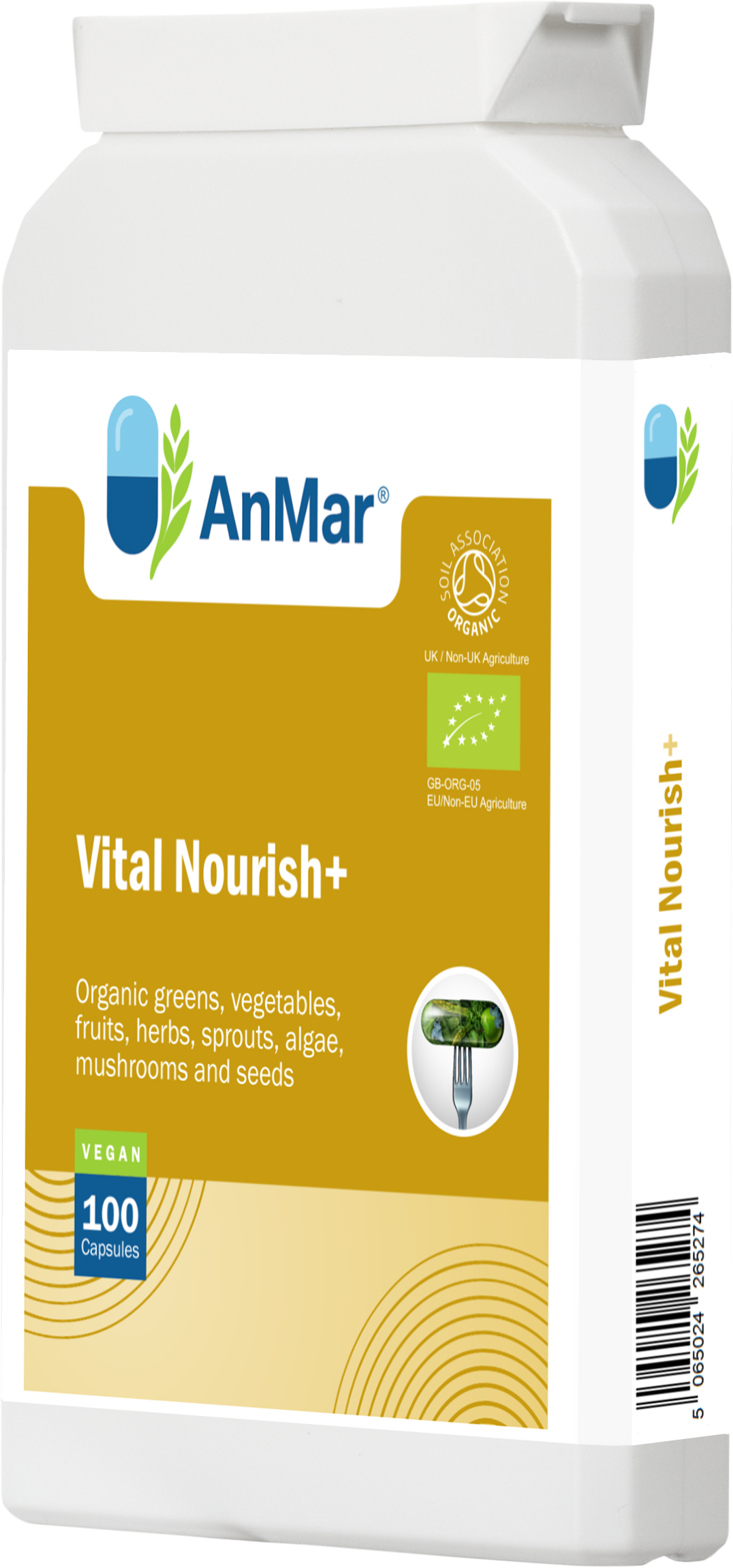 Side front angle of AnMar™ Vital Nourish+ bottle showing organic blend of greens, vegetables, algae, sprouts, and fruits with EU organic certification badge.