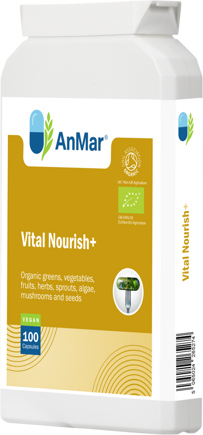 Side front angle of AnMar™ Vital Nourish+ bottle showing organic blend of greens, vegetables, algae, sprouts, and fruits with EU organic certification badge.