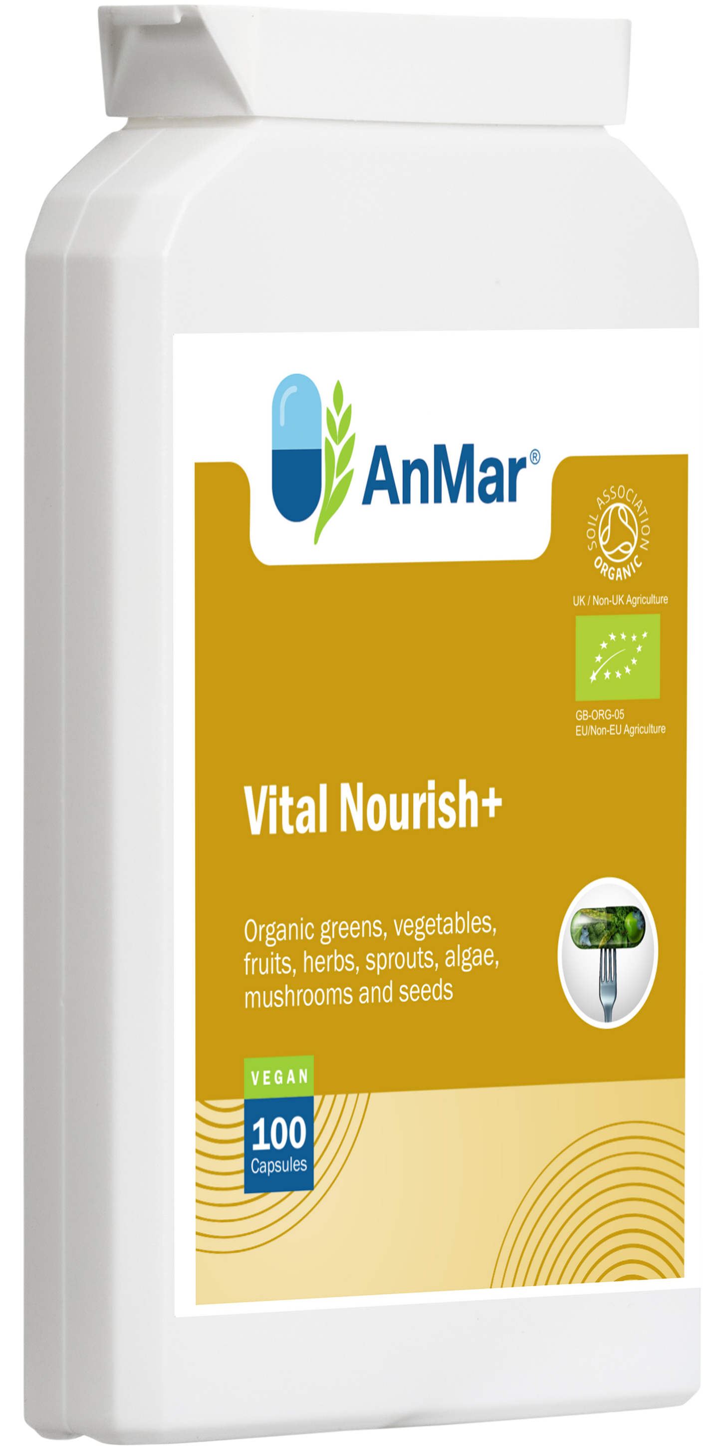 Angled front view of AnMar™ Vital Nourish+ supplement bottle highlighting organic greens, vegetables, fruits, herbs, and EU organic certification.