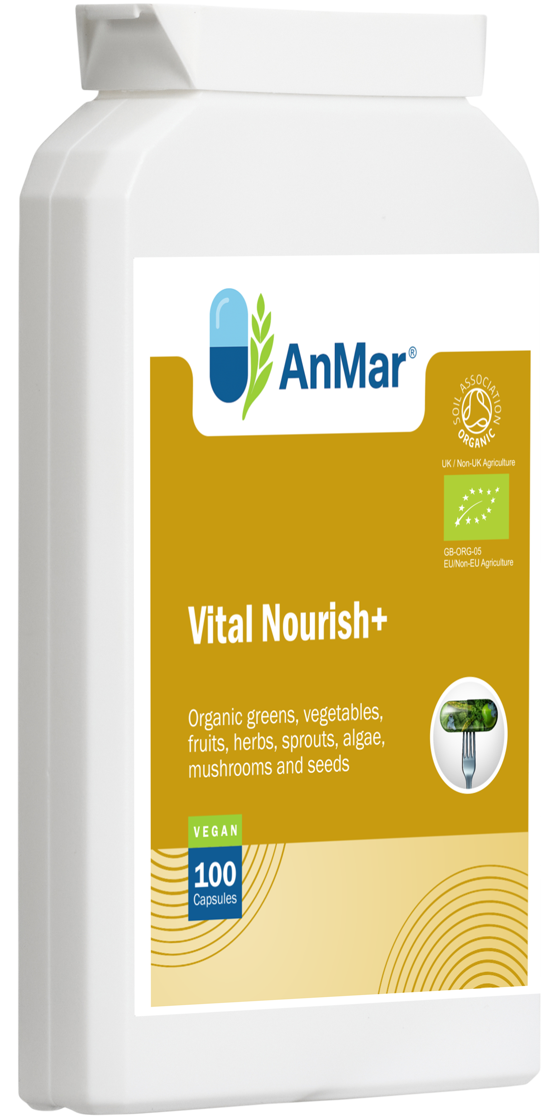 Angled front view of AnMar™ Vital Nourish+ supplement bottle highlighting organic greens, vegetables, fruits, herbs, and EU organic certification.