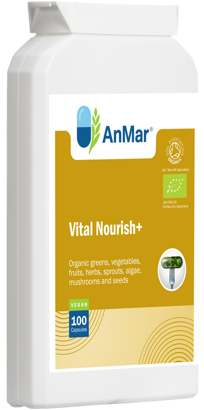 Angled front view of AnMar™ Vital Nourish+ supplement bottle highlighting organic greens, vegetables, fruits, herbs, and EU organic certification.