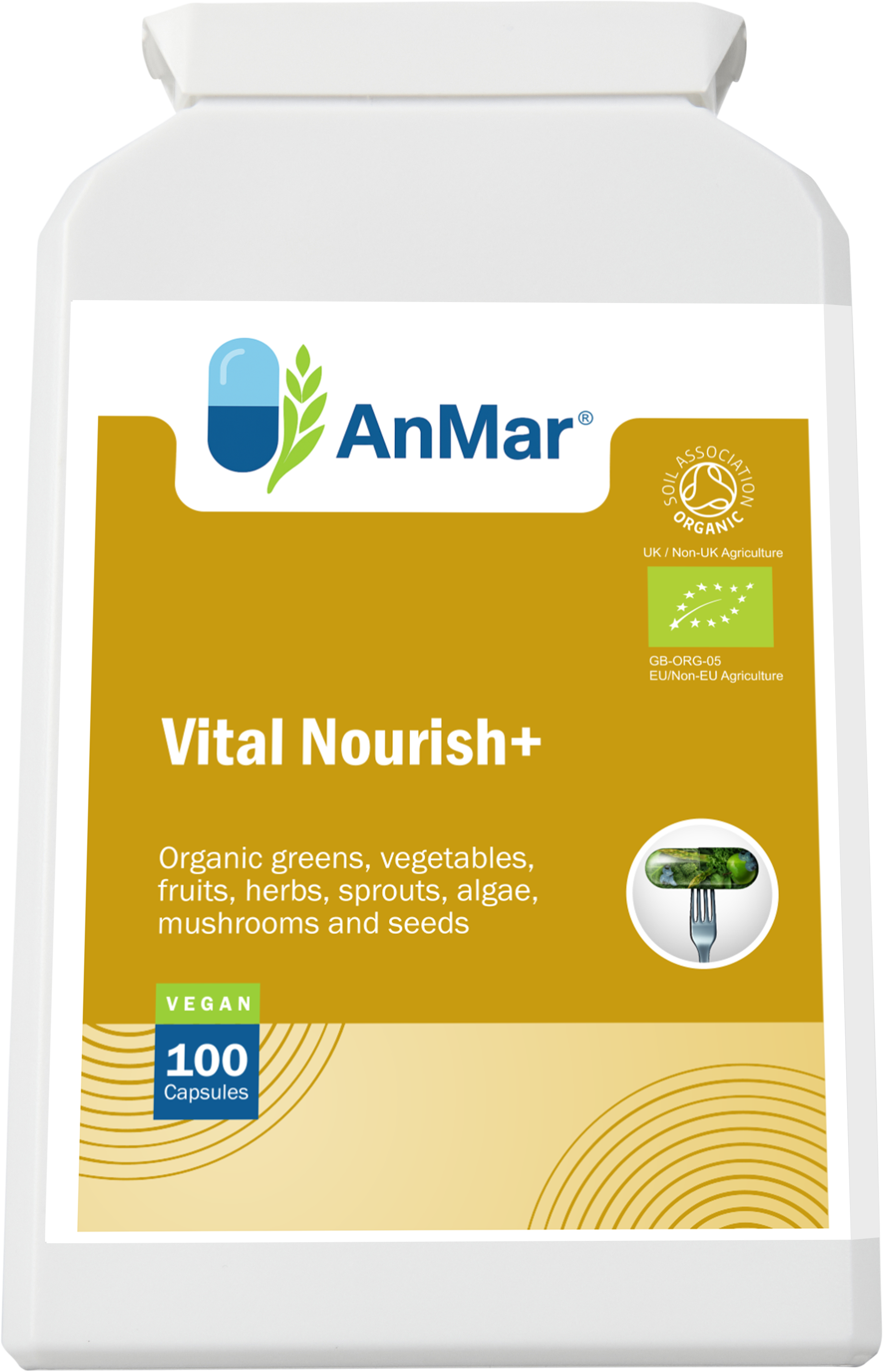 Angled view of AnMar™ Vital Nourish+ supplement bottle showing front label with organic certification and blend of greens, fruits, herbs, and sprouts.
