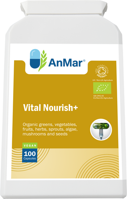 Angled view of AnMar™ Vital Nourish+ supplement bottle showing front label with organic certification and blend of greens, fruits, herbs, and sprouts.