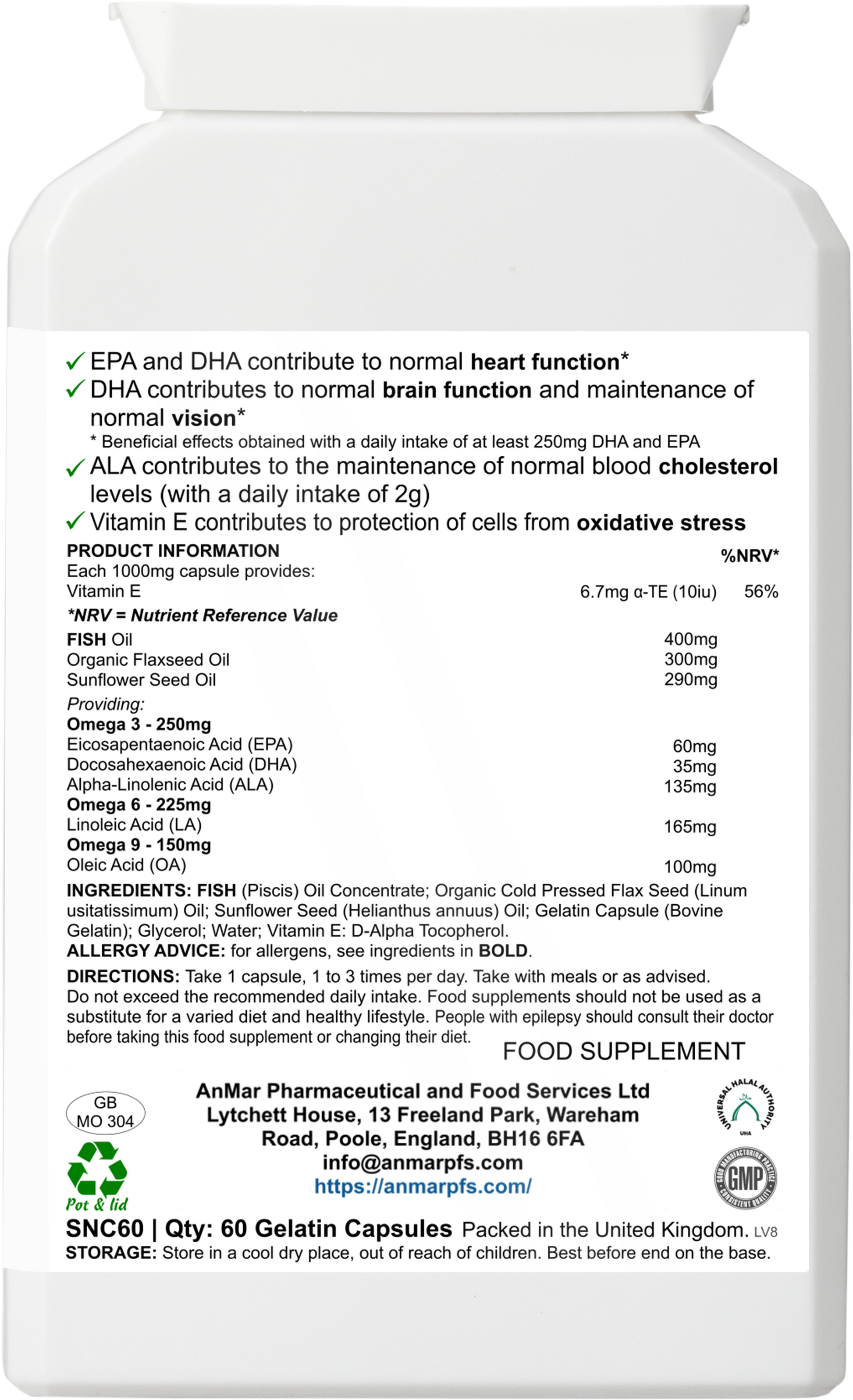 Back view of AnMar™ Vital OmegaFusion 3-6-9 bottle showing nutrition information, omega 3-6-9 breakdown, vitamin E content, fish and seed oils, and usage directions.