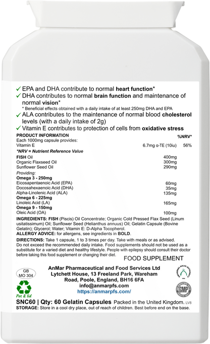 Back view of AnMar™ Vital OmegaFusion 3-6-9 bottle showing nutrition information, omega 3-6-9 breakdown, vitamin E content, fish and seed oils, and usage directions.