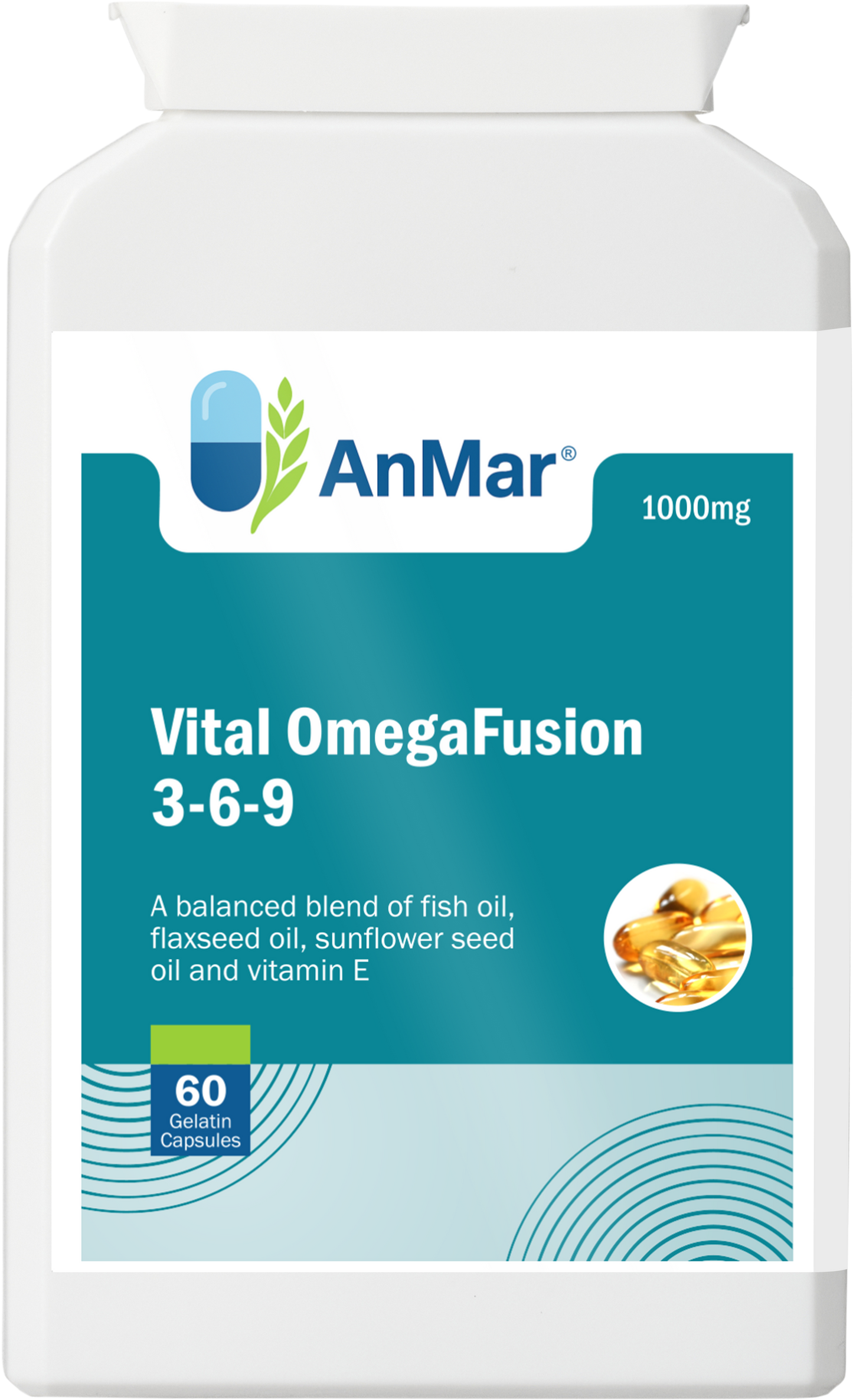Front view of AnMar™ Vital OmegaFusion 3-6-9 supplement bottle containing 60 softgel capsules. Features a balanced blend of fish oil, flaxseed oil, sunflower seed oil, and vitamin E in a 1000mg formula.