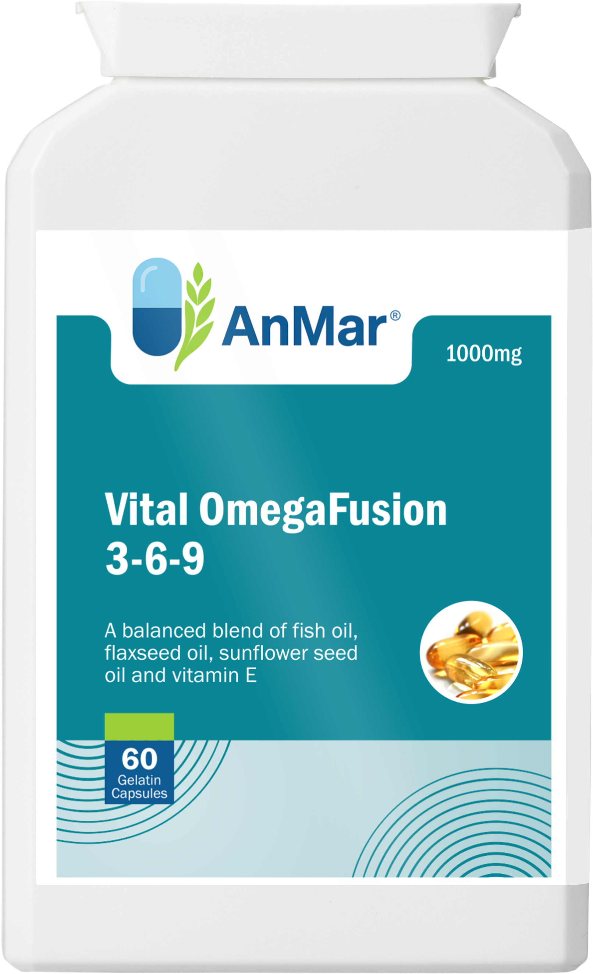 Front view of AnMar™ Vital OmegaFusion 3-6-9 supplement bottle containing 60 softgel capsules. Features a balanced blend of fish oil, flaxseed oil, sunflower seed oil, and vitamin E in a 1000mg formula.
