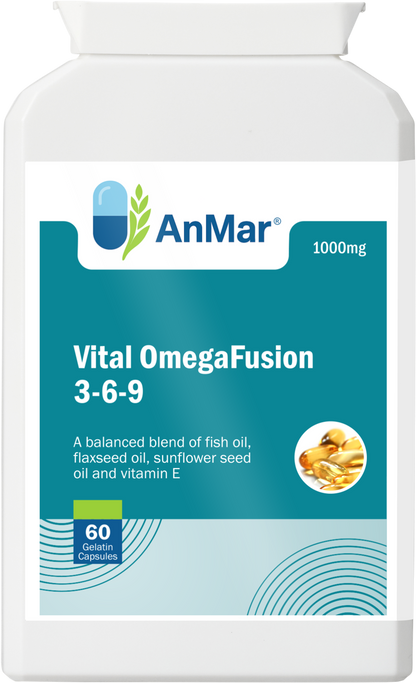 Front view of AnMar™ Vital OmegaFusion 3-6-9 supplement bottle containing 60 softgel capsules. Features a balanced blend of fish oil, flaxseed oil, sunflower seed oil, and vitamin E in a 1000mg formula.