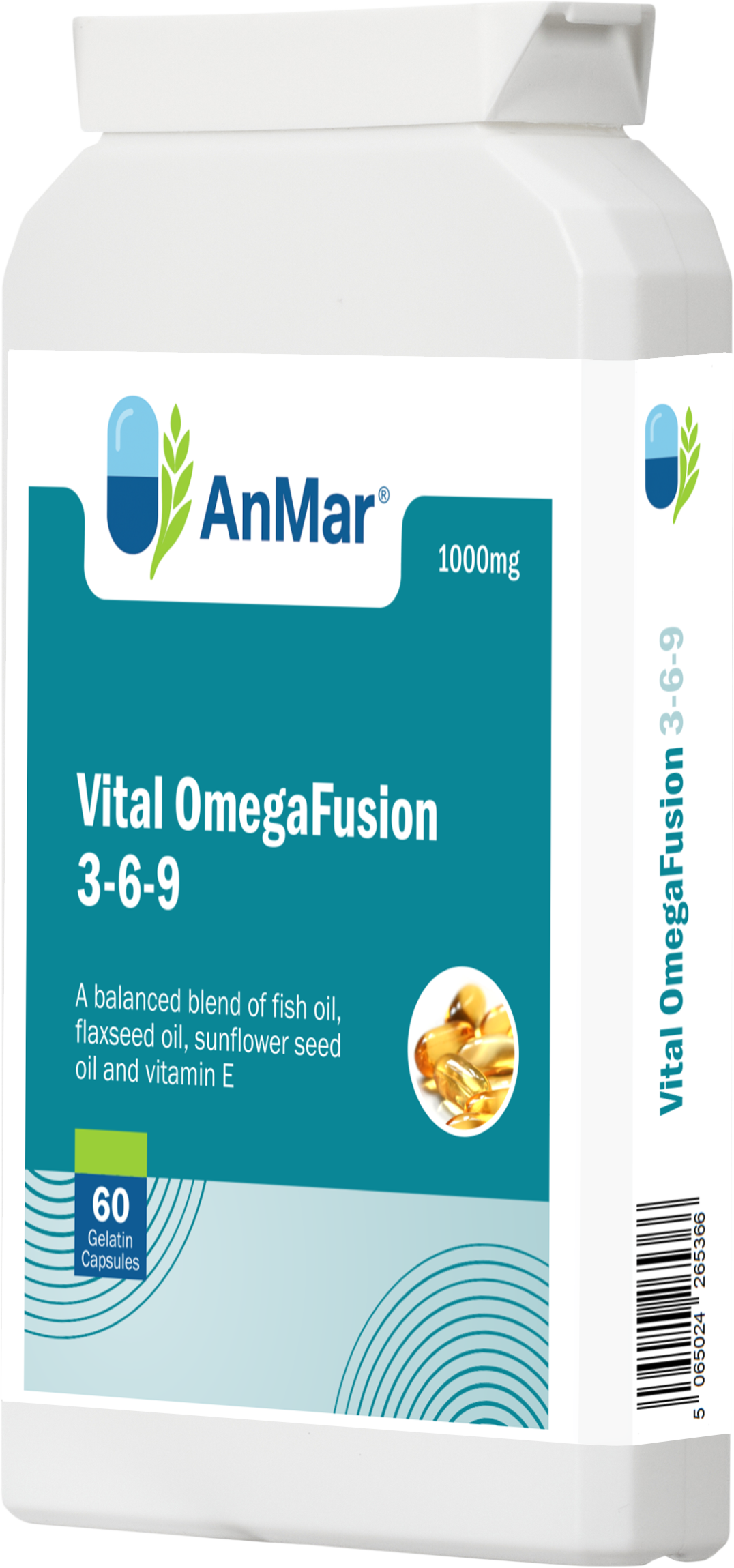 Angled right view of AnMar™ Vital OmegaFusion 3-6-9, 1000mg, featuring 60 softgels with fish oil, flaxseed oil, sunflower seed oil, and vitamin E.