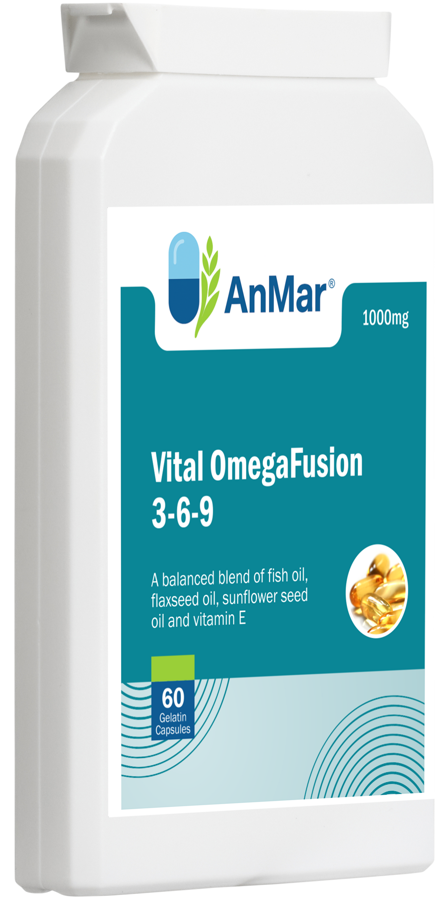 Angled left view of AnMar™ Vital OmegaFusion 3-6-9 supplement bottle with 60 softgel capsules, combining fish oil, flaxseed oil, sunflower oil, and vitamin E in a 1000mg daily dose.