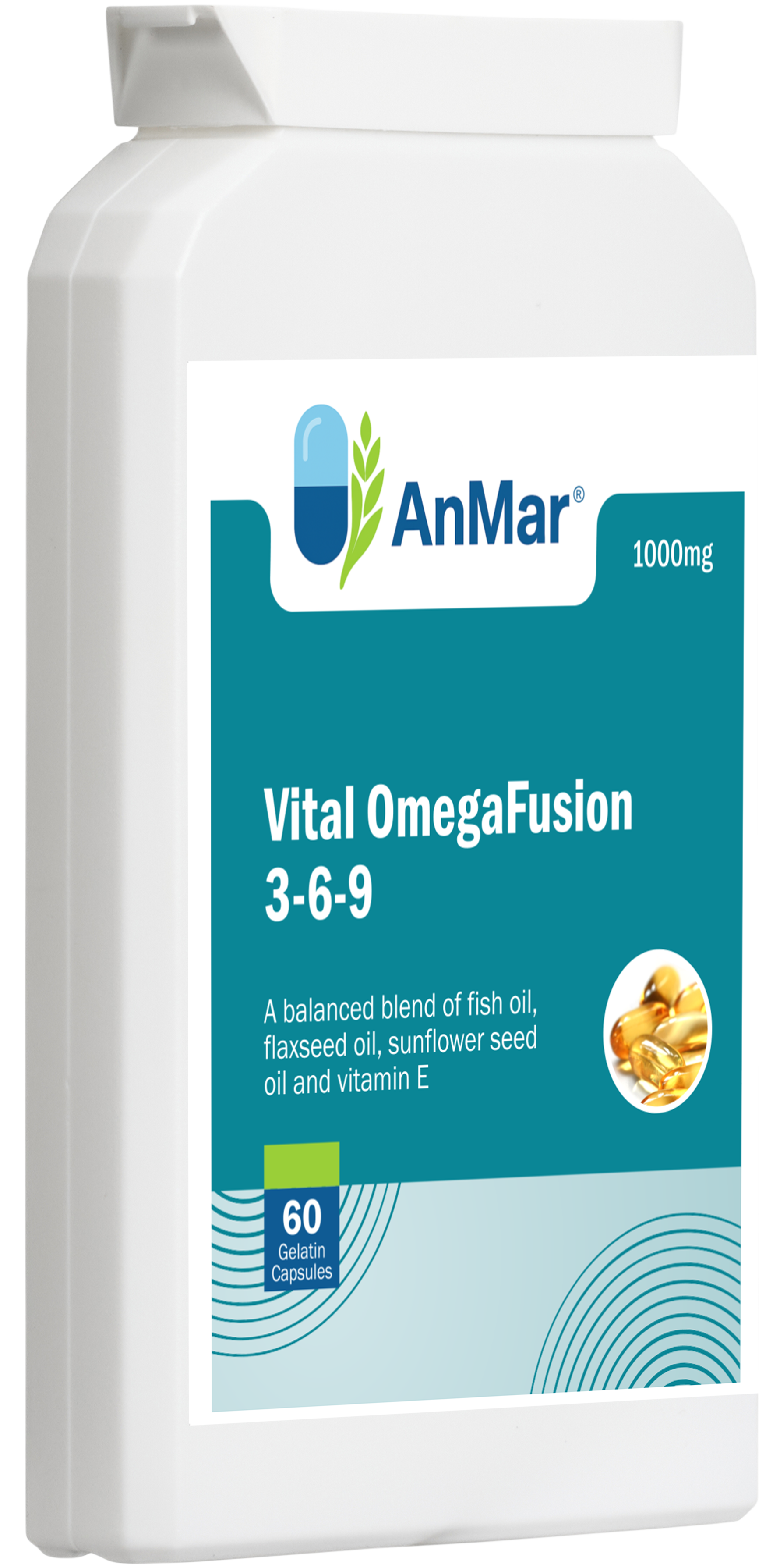 Angled left view of AnMar™ Vital OmegaFusion 3-6-9 supplement bottle with 60 softgel capsules, combining fish oil, flaxseed oil, sunflower oil, and vitamin E in a 1000mg daily dose.