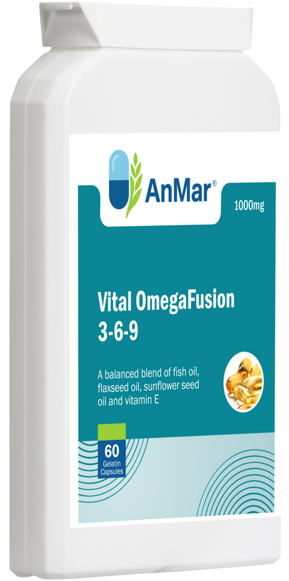 Angled left view of AnMar™ Vital OmegaFusion 3-6-9 supplement bottle with 60 softgel capsules, combining fish oil, flaxseed oil, sunflower oil, and vitamin E in a 1000mg daily dose.