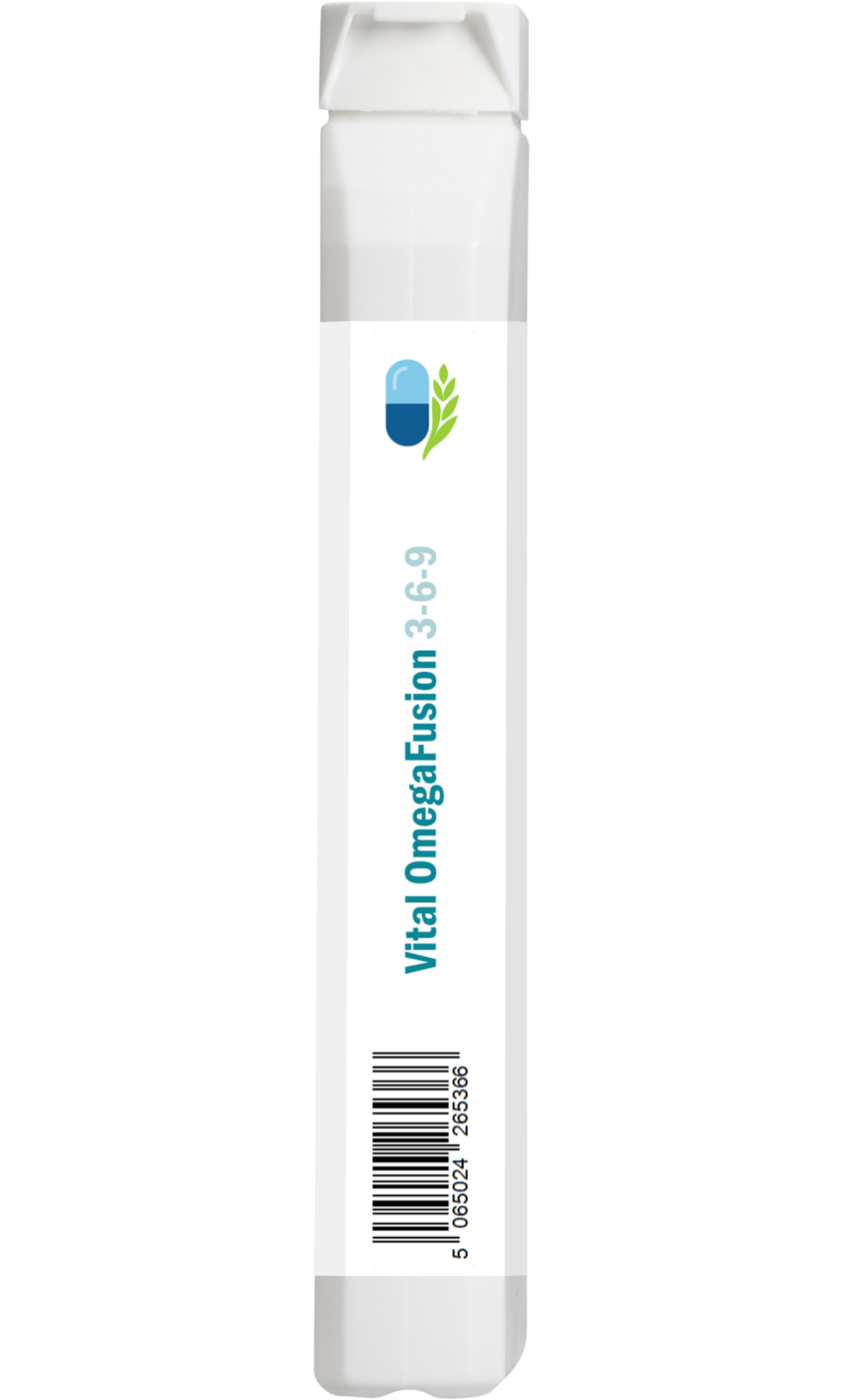 Side barcode view of AnMar™ Vital OmegaFusion 3-6-9, 1000mg, showing product barcode on a white plastic bottle containing 60 softgels.