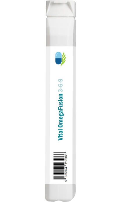 Side barcode view of AnMar™ Vital OmegaFusion 3-6-9, 1000mg, showing product barcode on a white plastic bottle containing 60 softgels.