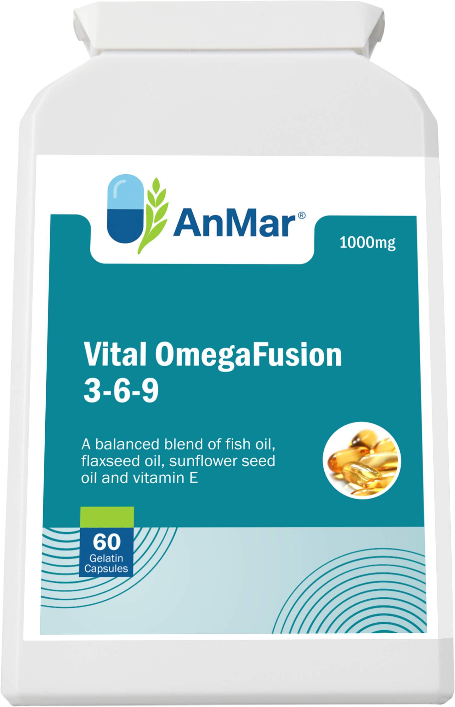 Front label of AnMar™ Vital OmegaFusion 3-6-9 showing a 60 softgel capsule bottle with a balanced blend of fish oil, flaxseed oil, sunflower seed oil, and vitamin E in 1000mg strength.