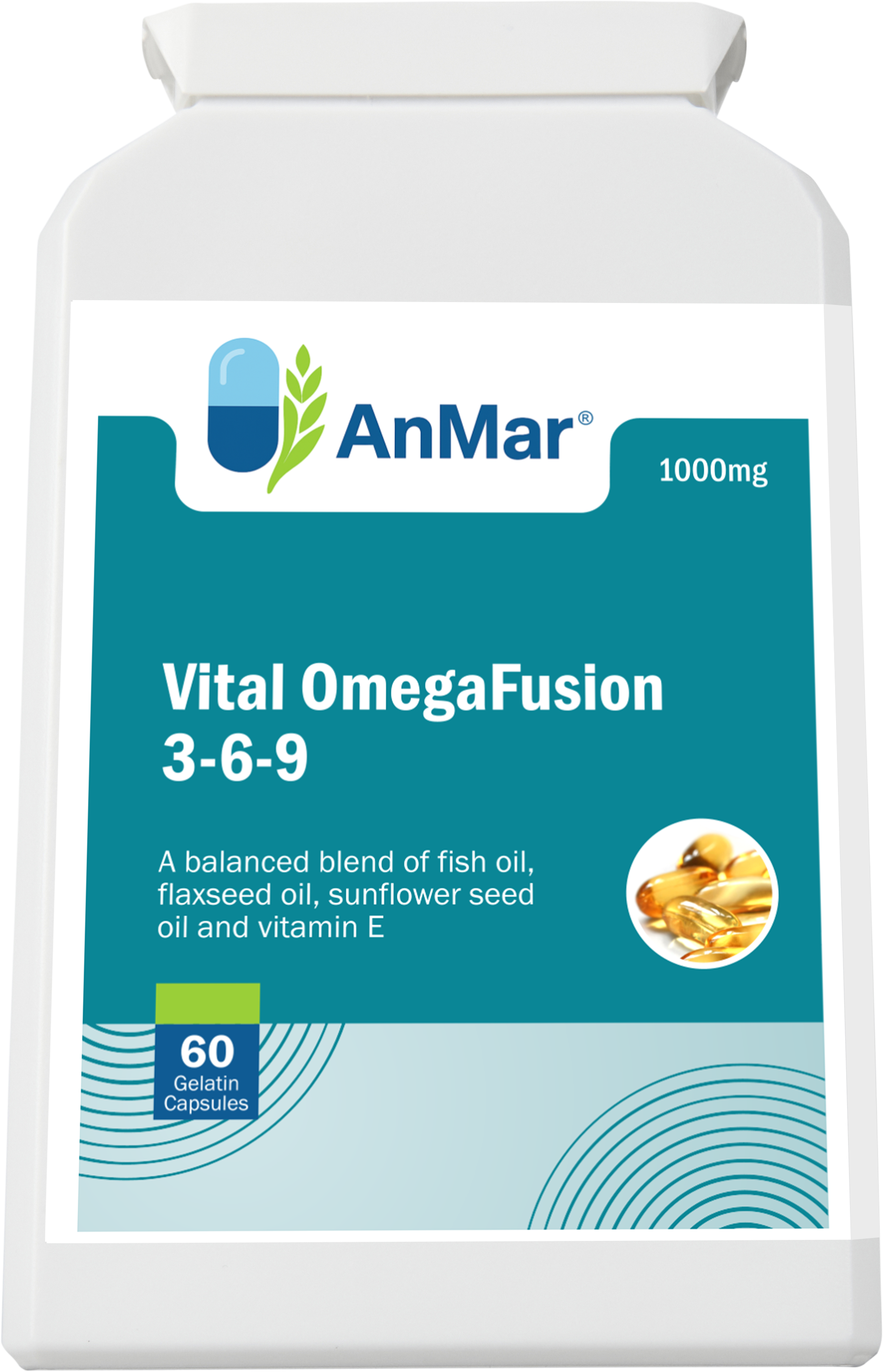 Front label of AnMar™ Vital OmegaFusion 3-6-9 showing a 60 softgel capsule bottle with a balanced blend of fish oil, flaxseed oil, sunflower seed oil, and vitamin E in 1000mg strength.