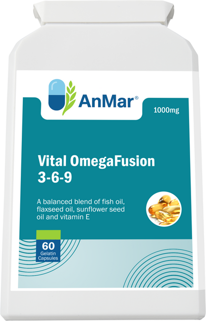 Front label of AnMar™ Vital OmegaFusion 3-6-9 showing a 60 softgel capsule bottle with a balanced blend of fish oil, flaxseed oil, sunflower seed oil, and vitamin E in 1000mg strength.