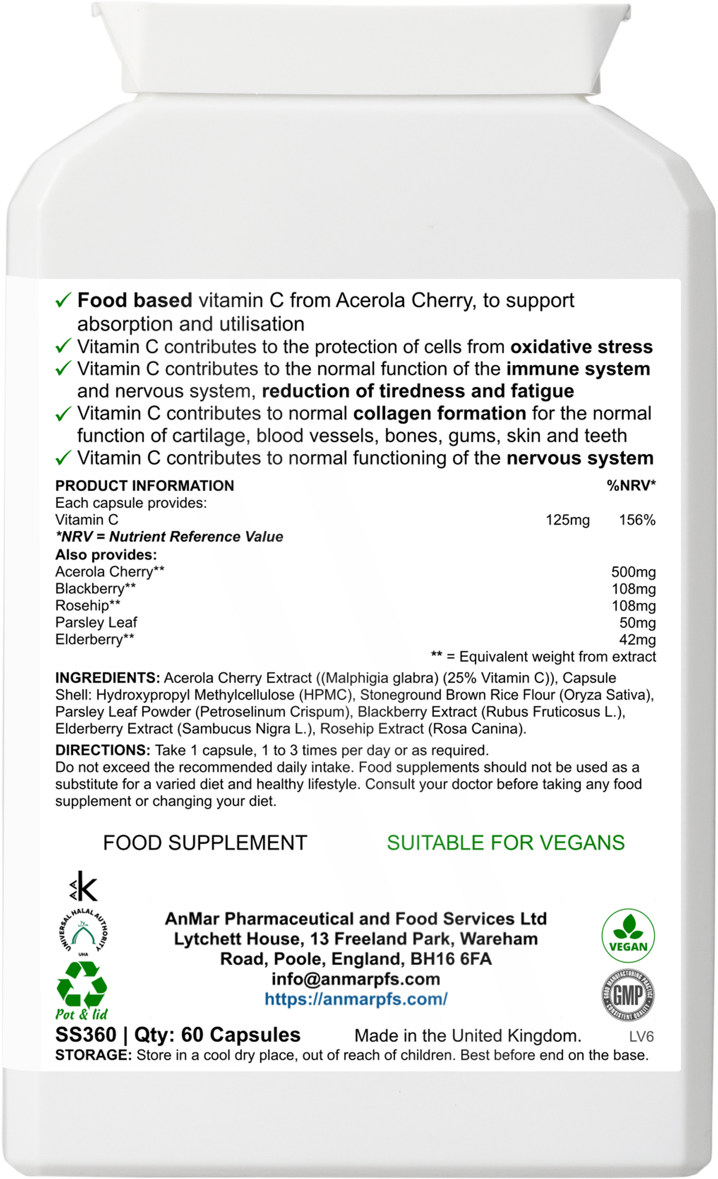 Back label of AnMar™ Vital Pure C supplement showing product information, vitamin C content, ingredients list, and health claims.