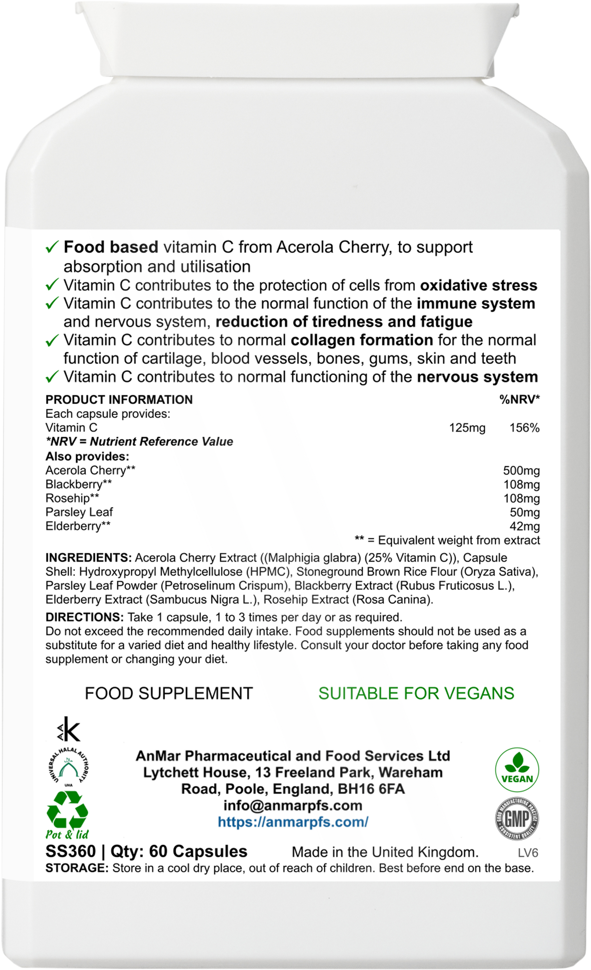 Back label of AnMar™ Vital Pure C supplement showing product information, vitamin C content, ingredients list, and health claims.