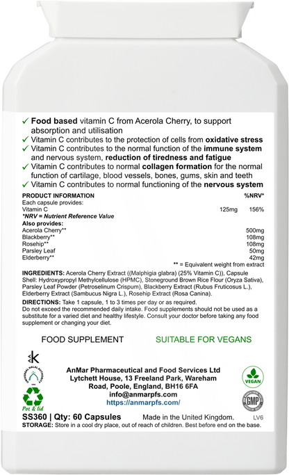 Back label of AnMar™ Vital Pure C supplement showing product information, vitamin C content, ingredients list, and health claims.