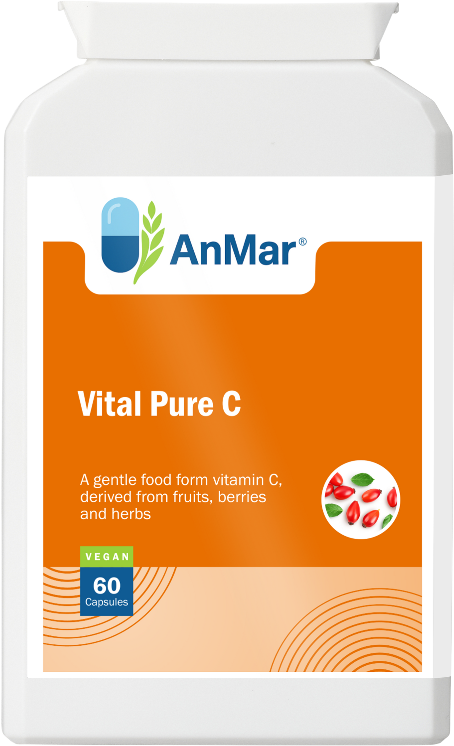 Front of AnMar™ Vital Pure C supplement bottle featuring a natural vitamin C blend from fruits, berries, and herbs in 60 vegan capsules.