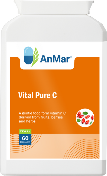 Front of AnMar™ Vital Pure C supplement bottle featuring a natural vitamin C blend from fruits, berries, and herbs in 60 vegan capsules.