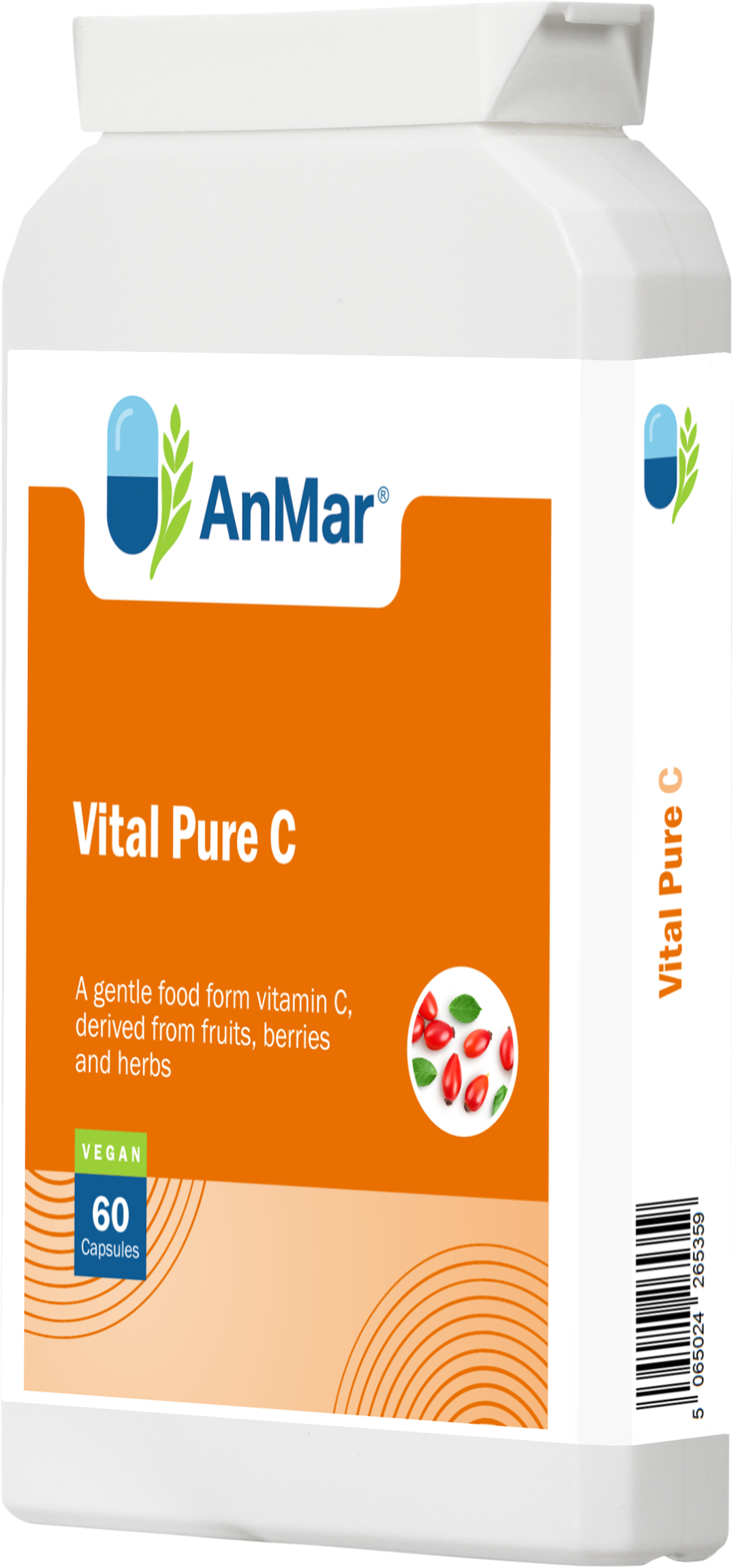 Angled product image of AnMar™ Vital Pure C bottle, featuring a gentle vitamin C supplement from fruit, berry, and herb sources in 60 vegan capsules.