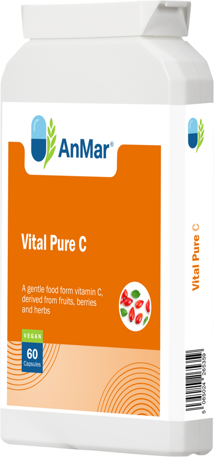 Angled product image of AnMar™ Vital Pure C bottle, featuring a gentle vitamin C supplement from fruit, berry, and herb sources in 60 vegan capsules.